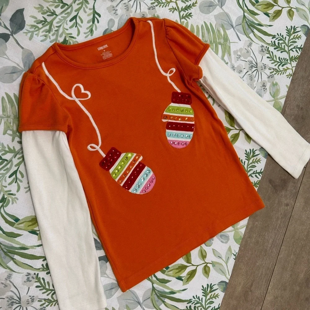 Gymboree Girls Winter Mitten Graphic Cotton Long Sleeve Shirt Jewel Accents sz 9